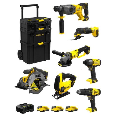 STANLEY FatMax Kit SVK708 (SFMCH900 + SFMCG400 + SFMCD711 + SFMCF800 + SFMCS500 + SFMCS600 + SFMCE500 + 3 x 2,0 Ah + Caddy 3en1)