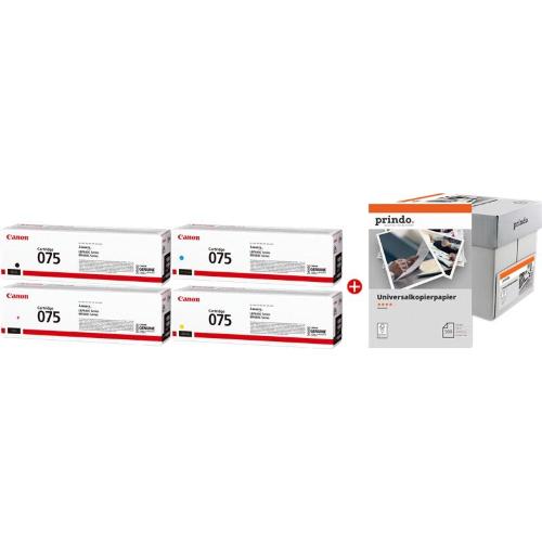 ORIGINALE Canon Value Pack nero / ciano / magenta / giallo / Bianco 075 MCVP + Prindo Universal Papier 2500 Blatt ~5300 Pagine 075 MCVP + Prindo Universal Papier 2500 Blatt EAN 2200000054456