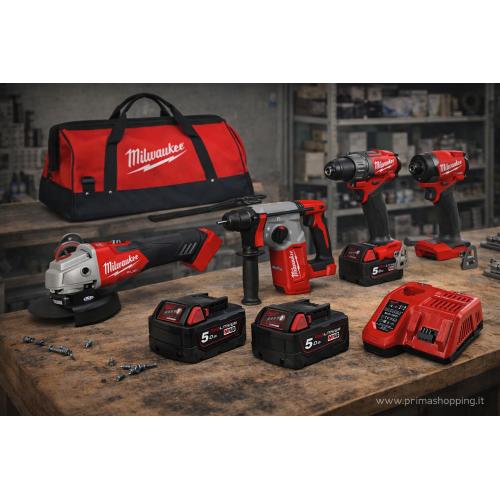 MILWAUKEE Kit MWK401BAG (M18BLH + M18FID3 + M18FPD3 + M18FSAG125XB + 2 x 5,0 Ah + M12-18FC + Borsa)