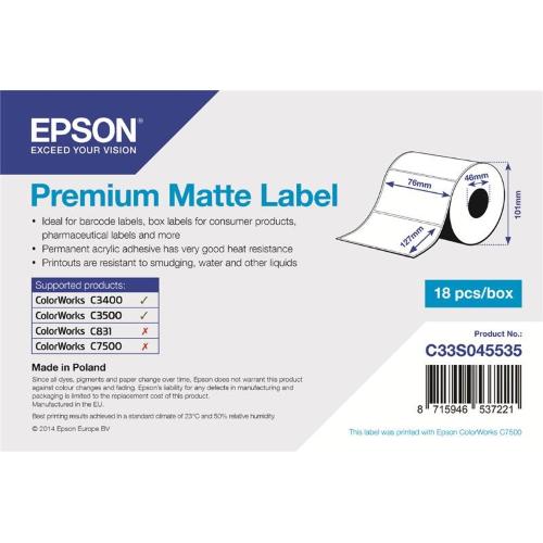 ORIGINALE Epson Etichette Bianco C33S045535 S045535 Premium Matte Label - Die-cut Roll: 76mm x 127mm, 265 labels C33S045535 S045535 EAN 8715946537221