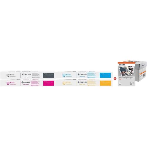 ORIGINALE Kyocera Value Pack nero / ciano / magenta / giallo / Bianco TK-8455 MCVP + Prindo Universal Papier 2500 Blatt ~61000 Pagine TK-8455 MCVP + Prindo Universal Papier 2500 Blatt EAN 2200000054500