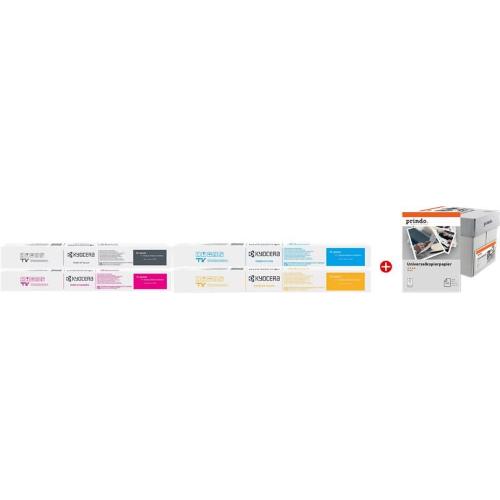 ORIGINALE Kyocera Value Pack nero / ciano / magenta / giallo / Bianco TK-8605 MCVP + Prindo Universal Papier 2500 Blatt ~90000 Pagine TK-8605 MCVP + Prindo Universal Papier 2500 Blatt EAN 2200000054517