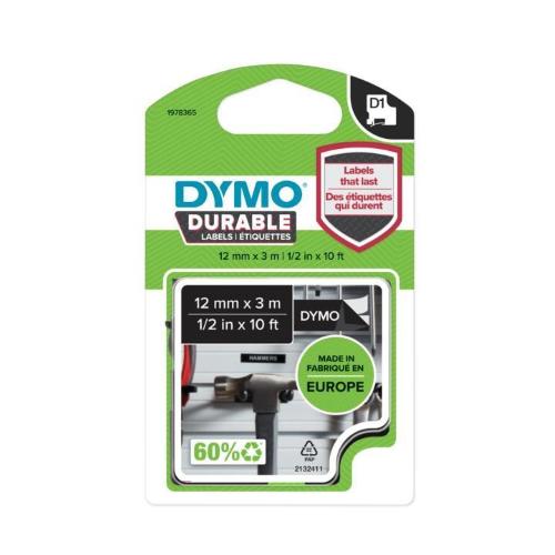 ORIGINALE DYMO Nastro Bianco su nero 1978365 D1 - Durable Etichette - Bianco su nero - 12mm x 3m 1978365  EAN 3501179783659