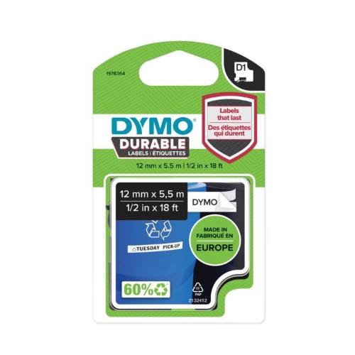 ORIGINALE DYMO Nastro Nero su bianco 1978364 D1 - Durable Etichette - Nero su bianco - 12mm x 5.5m 1978364  EAN 3501179783642