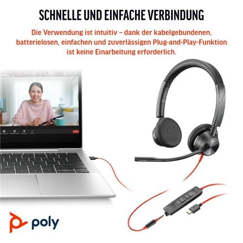 ORIGINALE HP Poly Accessori per computer nero 8X222AA Blackwire 3325 USB-C Cuffie stereo Poly Blackwire 3325 con connettore USB-C, certificate per Microsoft Teams + spina da 3,5 mm + adattatore USB-C/A 8X222AA Blackwire 3325 USB-C EAN 197498429168