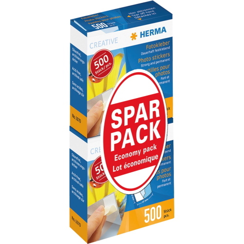 Herma Fotokleber Doppelpack 2x500 St. Sparpack im Display è un adesivo fotografico in doppia confezione da 1000 pezzi totali, ideale per uso professionale.