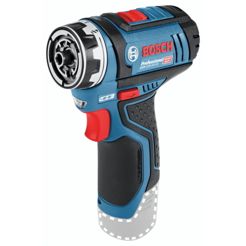 Bosch GSR 12V-15 FC è un trapano avvitatore a batteria da 12 volt con sistema FlexiClick per cambio rapido della testa di lavoro.