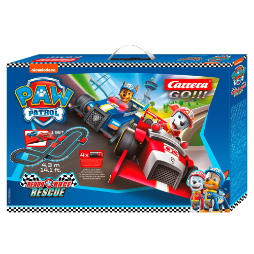 Carrera GO!!! 20063514 Paw Patrol Ready Race & Rescue è un set da corsa per slot car a tema Paw Patrol della linea Carrera GO!!!.