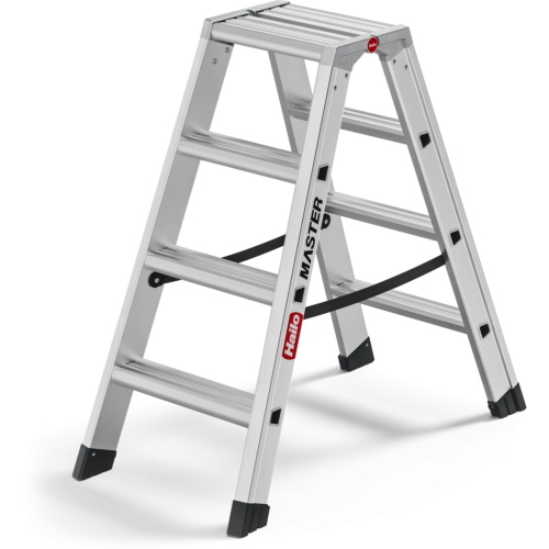 La scala Hailo Master D100 2 x 4 Stufen-Leiter è una scala doppia in alluminio con 8 gradini antiscivolo, versatile come scala autoportante o due scale singole.