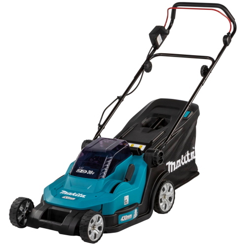 Makita DLM432PT2 è un tosaerba a batteria senza fili della linea 18V LXT, ideale per la cura del prato con taglio efficiente e massima libertà di movimento.