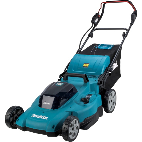 Makita DLM538Z tosaerba a batteria 18V senza fili, corpo macchina compatibile con sistema LXT, manico pieghevole per praticità.