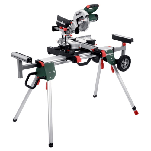 Metabo Set KGS 216 M + KSU 251, troncatrice professionale con supporto per tagli precisi e stabilità in cantiere.