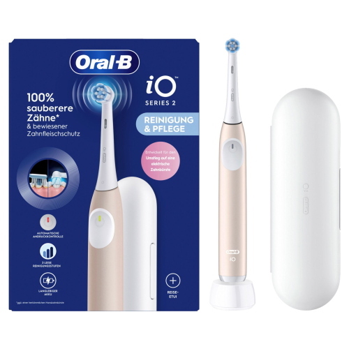 Oral-B iO Series 2 Calm Pink spazzolino elettrico ricaricabile con custodia da viaggio per una pulizia profonda e delicata.