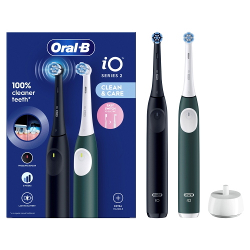 Oral-B iO Series 2 spazzolino elettrico con due manici, disponibile nei colori Night Black e Forest Green.