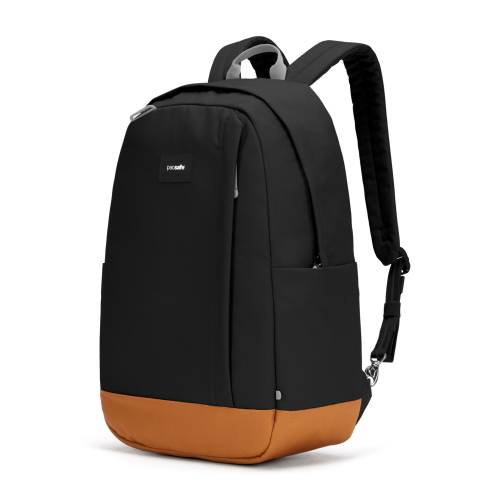Pacsafe GO 25L zaino nero jet con capacità di 25 litri, ideale per viaggi e uso quotidiano.