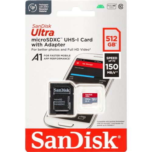 SanDisk Ultra microSDXC A1 512GB 150MB / s, scheda di memoria microSD con classe A1 per esecuzione rapida di app e adattatore SD incluso.