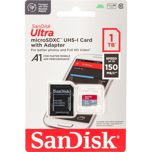 SanDisk Ultra microSDXC A1 1TB con velocità di lettura fino a 150MB / s e adattatore SD incluso per espandere la memoria del tuo dispositivo.