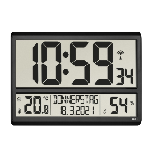 TFA 60.4520.01 orologio radiocontrollato con ricezione DCF77 e display del clima interno per temperatura e umidità.