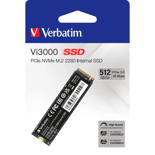 Il Verbatim Vi3000 M.2 SSD 512GB PCIe NVMe è un'unità a stato solido ad alta velocità per l'archiviazione e l'aggiornamento di PC desktop e portatili.