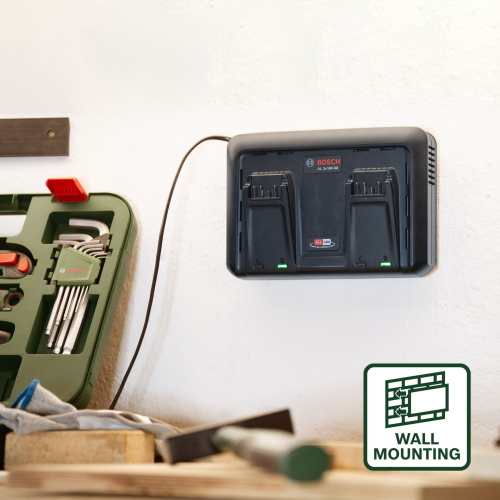 Bosch AL 2x18V-88 Schnell-Lader è un caricabatterie rapido per batterie Bosch 18V per una ricarica veloce ed efficiente