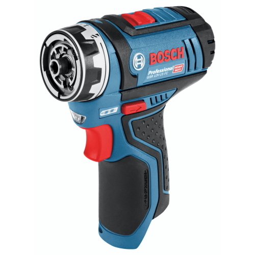 Bosch GSR 12V-15 FC è un trapano avvitatore a batteria da 12 volt con sistema FlexiClick per cambio rapido della testa di lavoro.