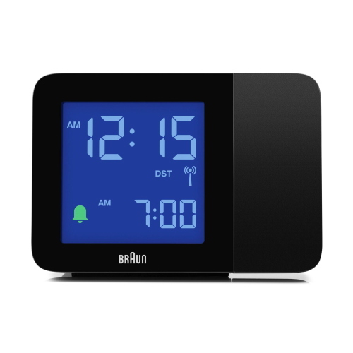 Braun BC 015 B-DCF è una sveglia radio controllata con proiezione LED che sincronizza automaticamente l’ora tramite segnale DCF.