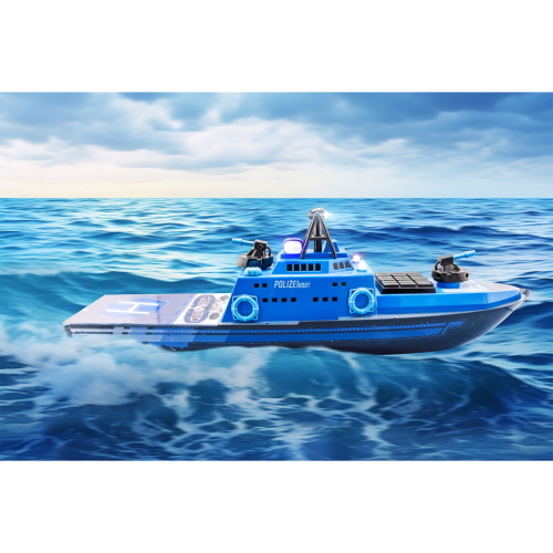Carson Polizeiboot 2,4G 100% RTR è un battello radiocomandato della polizia pronto all'uso con tecnologia a 2,4 GHz per un controllo stabile e senza interferenze.