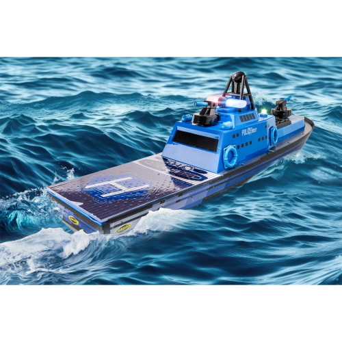 Carson Polizeiboot 2,4G 100% RTR è un battello radiocomandato della polizia pronto all'uso con tecnologia a 2,4 GHz per un controllo stabile e senza interferenze.