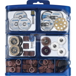 Dremel SC725 EZ SpeedClic set da 70 accessori con cambio rapido senza chiave per taglio, molatura e pulizia su vari materiali.