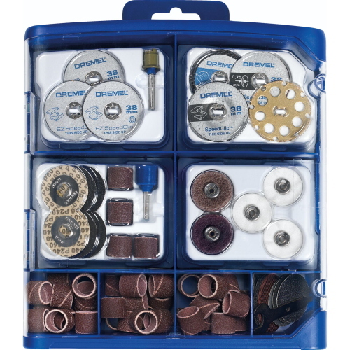 Dremel SC725 EZ SpeedClic set da 70 accessori con cambio rapido senza chiave per taglio, molatura e pulizia su vari materiali.
