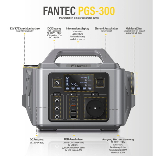 FANTEC PGS-300 Powerstation e Solargenerator, una stazione di energia portatile ideale per ricaricare dispositivi in viaggio o in emergenza.