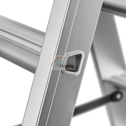 La scala Hailo Master D100 2 x 4 Stufen-Leiter è una scala doppia in alluminio con 8 gradini antiscivolo, versatile come scala autoportante o due scale singole.