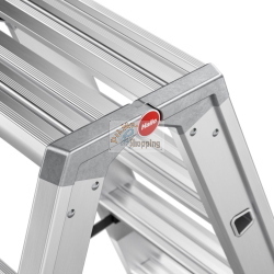 La scala Hailo Master D100 2 x 4 Stufen-Leiter è una scala doppia in alluminio con 8 gradini antiscivolo, versatile come scala autoportante o due scale singole.