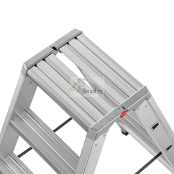 La scala Hailo Master D100 2 x 4 Stufen-Leiter è una scala doppia in alluminio con 8 gradini antiscivolo, versatile come scala autoportante o due scale singole.