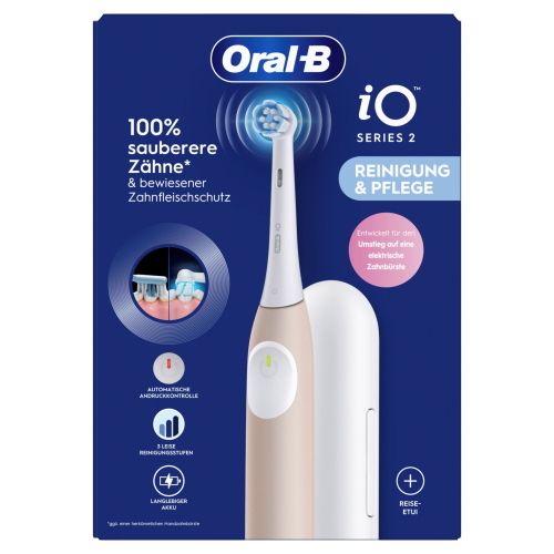 Oral-B iO Series 2 Calm Pink spazzolino elettrico ricaricabile con custodia da viaggio per una pulizia profonda e delicata.