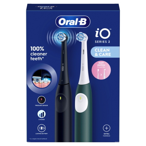 Oral-B iO Series 2 spazzolino elettrico con due manici, disponibile nei colori Night Black e Forest Green.