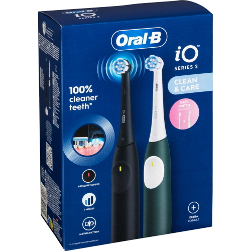 Oral-B iO Series 2 spazzolino elettrico con due manici, disponibile nei colori Night Black e Forest Green.