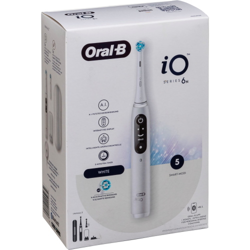 Oral-B iO Series 6 White + Etui è uno spazzolino elettrico bianco con custodia di trasporto inclusa.