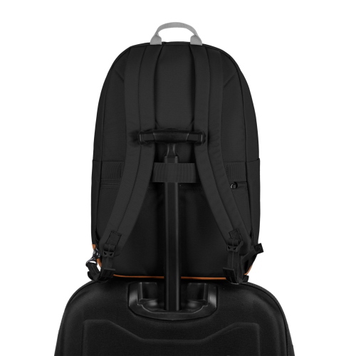 Pacsafe GO 25L zaino nero jet con capacità di 25 litri, ideale per viaggi e uso quotidiano.