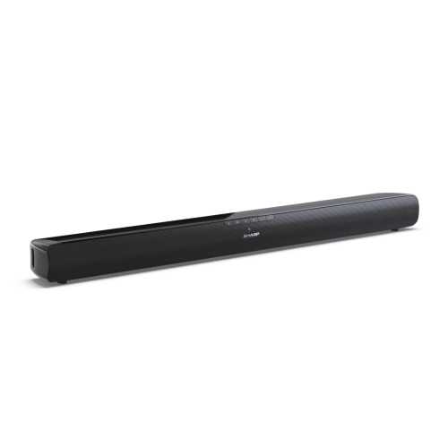 Sharp HT-SB100 soundbar nera per TV, ideale per migliorare l'audio domestico con design compatto e installazione semplice.