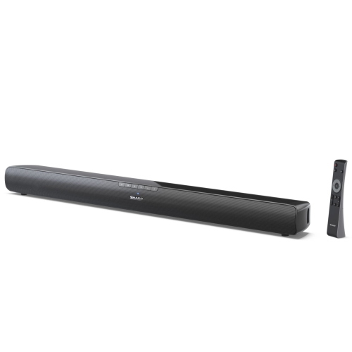Sharp HT-SB100 soundbar nera per TV, ideale per migliorare l'audio domestico con design compatto e installazione semplice.