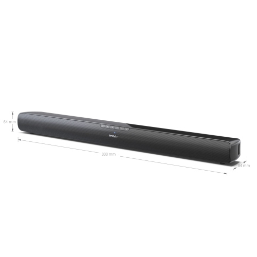 Sharp HT-SB100 soundbar nera per TV, ideale per migliorare l'audio domestico con design compatto e installazione semplice.