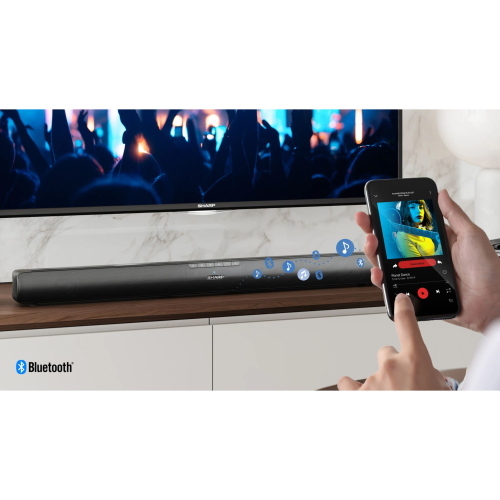Sharp HT-SB100 soundbar nera per TV, ideale per migliorare l'audio domestico con design compatto e installazione semplice.