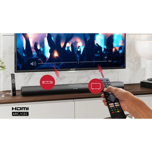 Sharp HT-SB100 soundbar nera per TV, ideale per migliorare l'audio domestico con design compatto e installazione semplice.