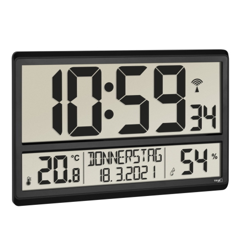 TFA 60.4520.01 orologio radiocontrollato con ricezione DCF77 e display del clima interno per temperatura e umidità.