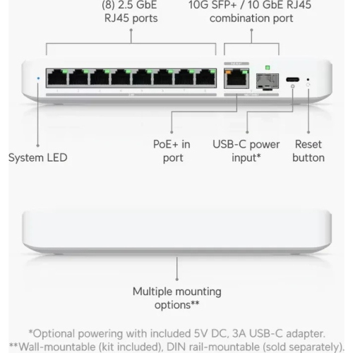 Ubiquiti UniFiSwitch Flex Desktop 2.5G Smart Switch, 8x RJ-45, 1x RJ-45/SFP+, PoE+ PD