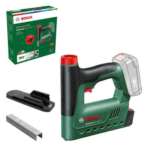 Bosch UniversalTacker 18V-Tacker è una pinzatrice a batteria a batteria del sistema Bosch 18V per fissaggi rapidi.
