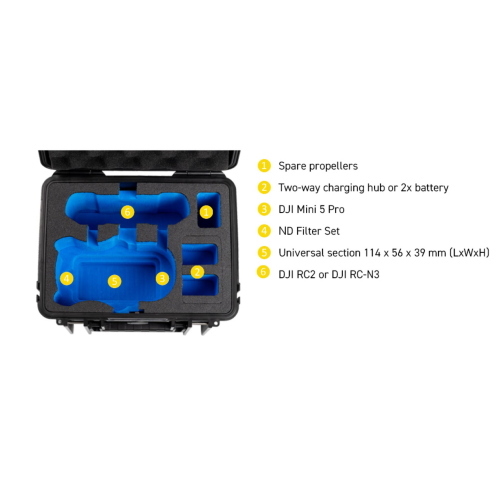 B&W drone.case PP.66 bronzo-verde, custodia protettiva su misura per DJI Mini 5, ideale per trasporto e protezione sicuri del drone.