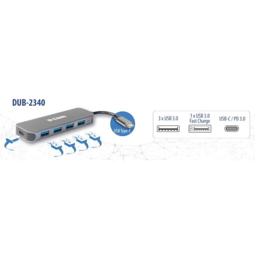 D-Link DUB-2340 Hub USB-C 4 porte USB 3.0 ricarica Grigio