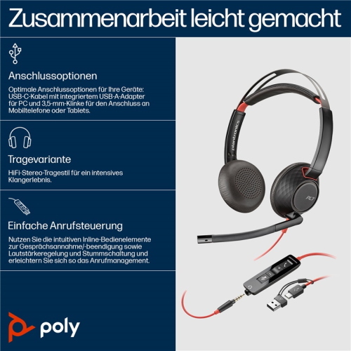 Poly Blackwire 5220 cuffie stereo USB-C e jack 3,5 mm 8X231A6